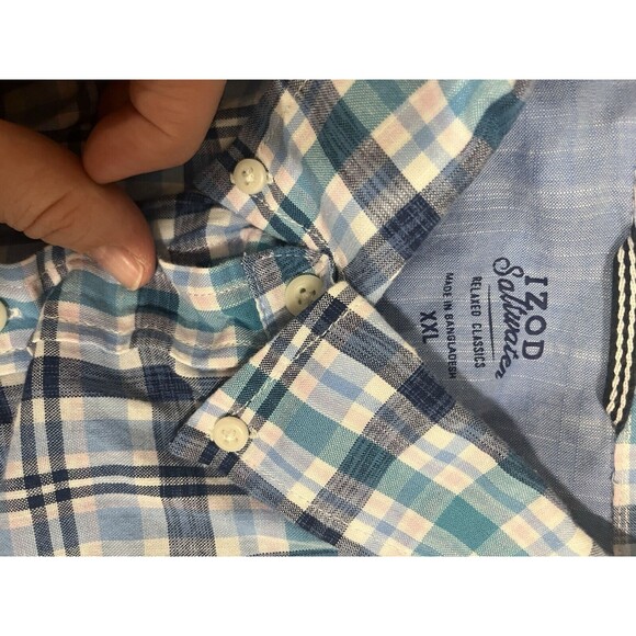 Izod Saltwater Short Sleeve Button Up Shirt Mens XXL Blue White Plaid Cotton - Picture 9 of 11